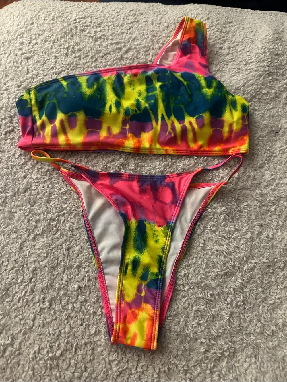 Woman One-Shoulder Tie-Dye Bikini Set - Neon Multi
